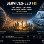 Services-led FDI concept visual showing global innovation connecting to UAE execution and industrial growth aligned with Make It In The Emirates