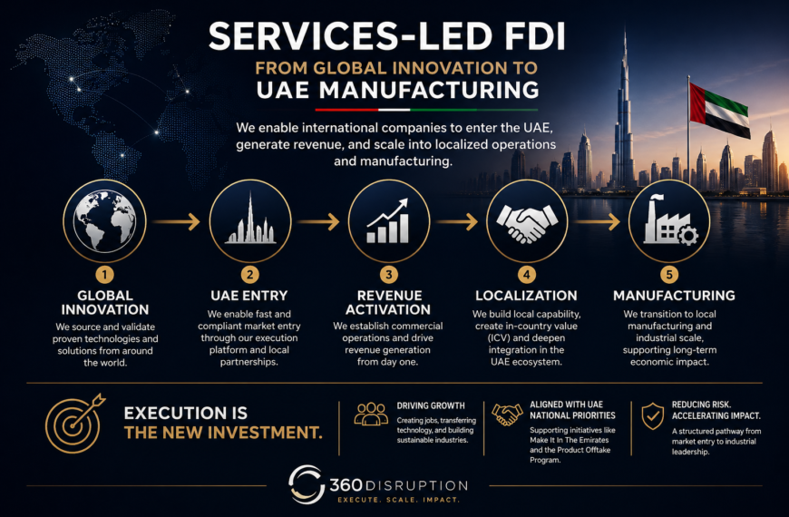 Services-led FDI explained: how companies enter the UAE, generate revenue, and scale into localization and manufacturing. Learn the 360Disruption model.
