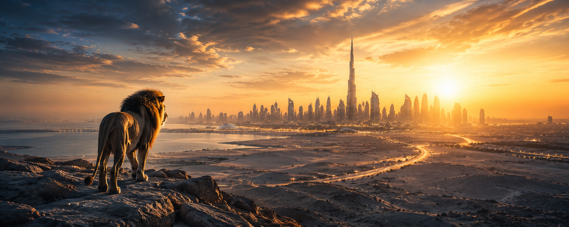Lion overlooking a futuristic UAE skyline symbolizing leadership, innovation and new market opportunities.