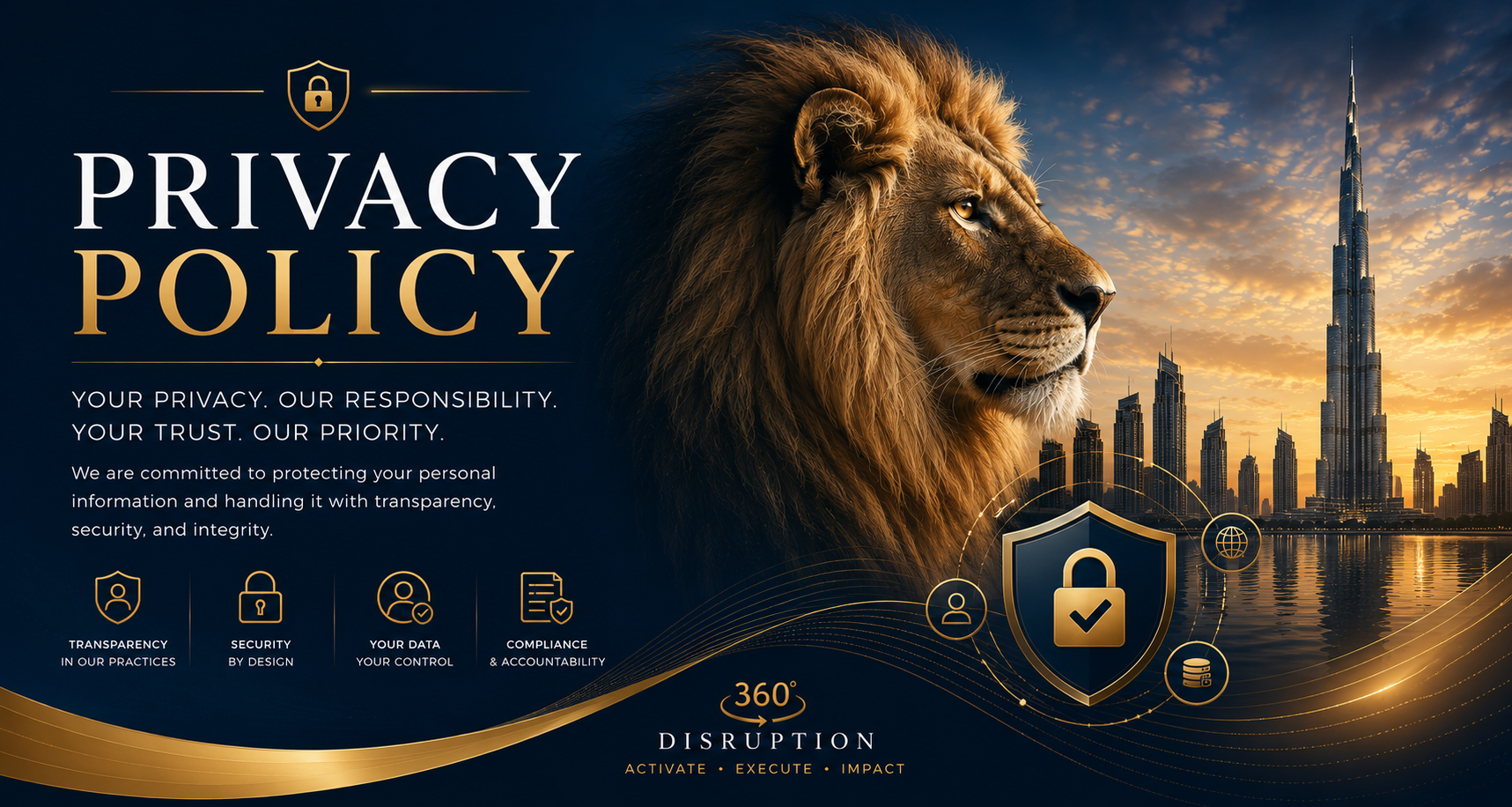 Privacy Policy | Transparency, Security & Trust Privacy Policy banner featuring a lion, security shield, and Dubai skyline representing transparency, data protection, security, compliance, and trust at 360Disruption.